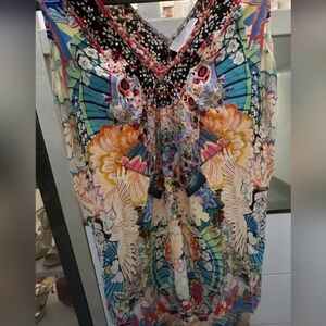 Camilla Multicolor Jewelled Embellished Hi Low Sleeveless Sheer Blouse